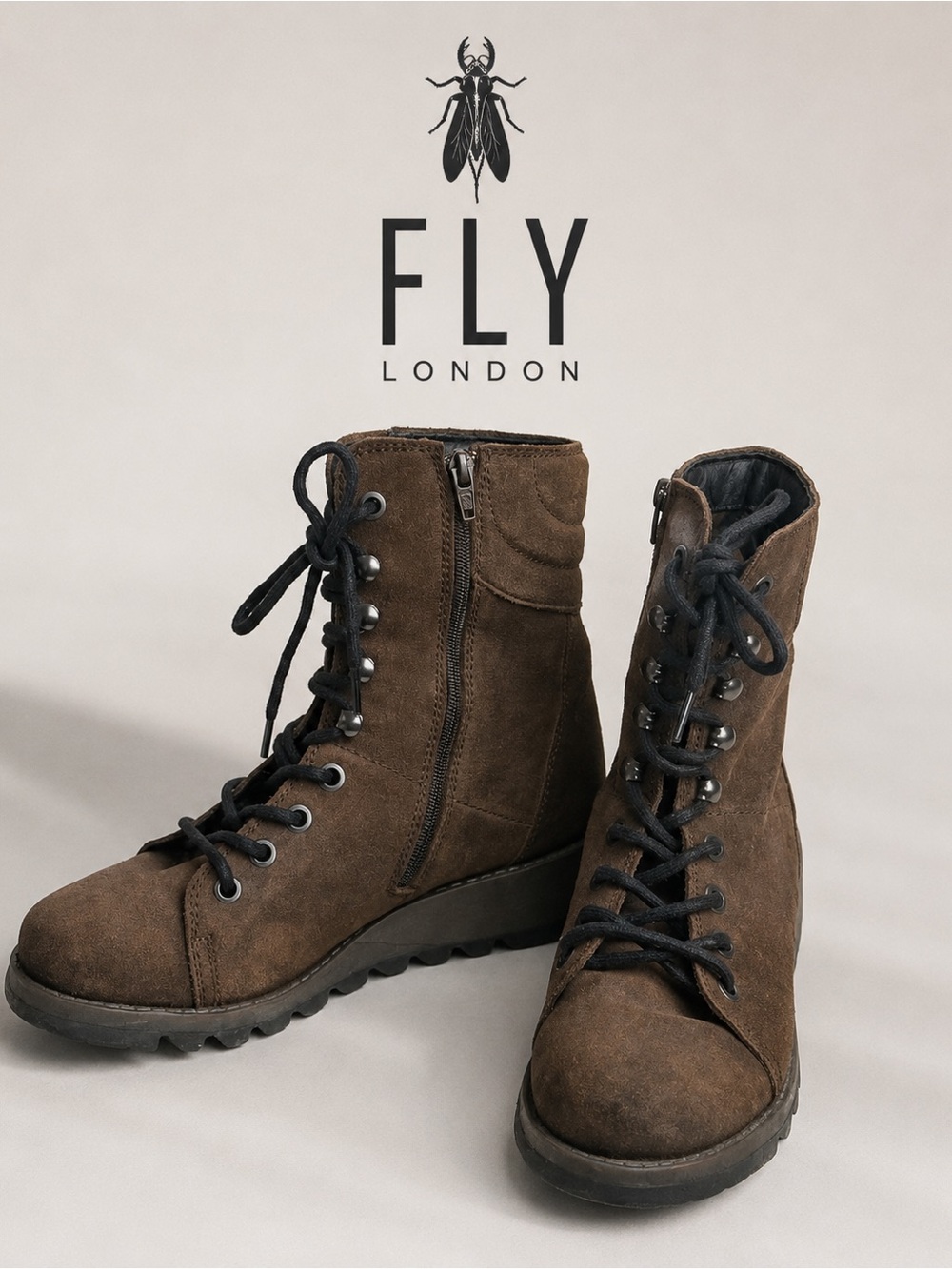 Fly London Brown Suede Combat Boots Lug Sole Lace Up Side Zip EU 40 Women